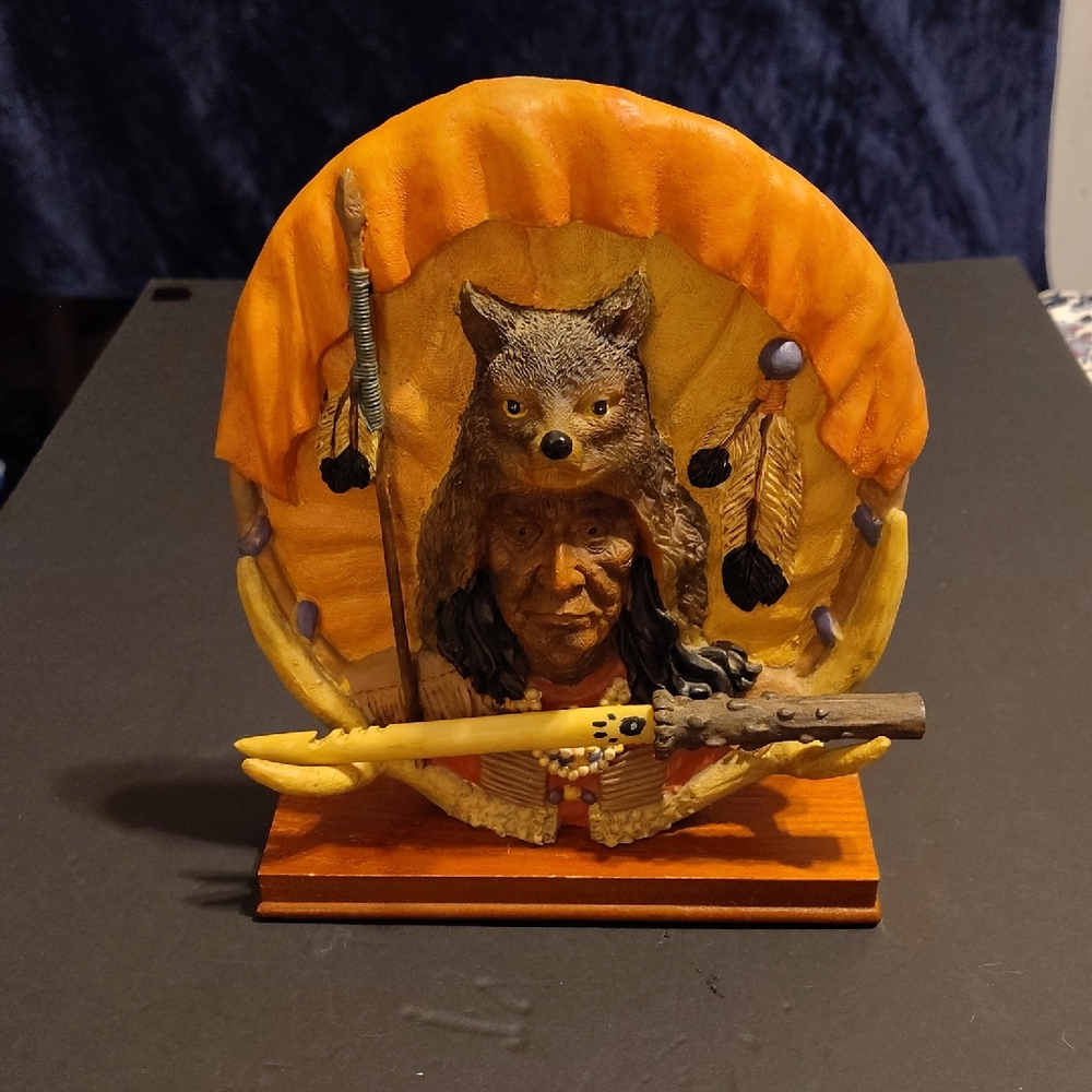 Native American Warrior Sculpture with Wolf Headdress